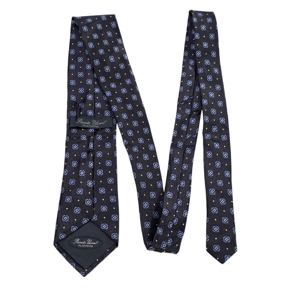 Pronto Uomo Platinum Mens Silk Jacquard‎ Neck Tie Geometric Pattern Blue Gray